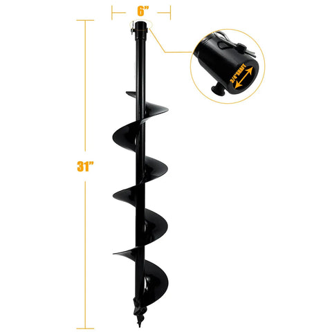 Heavy Duty 6 Inch By 31 Inch Earth Auger Bit For Post Holes And Planting, Fits Three Quarters Inch Shafts, side view with dimensions.