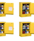 Compact Mini Flammables Safety Storage Cabinet, Hella Durable Galvanized Steel Build, Secure Manual Lock For Chemicals Oils, Bright Yellow Hard Hats Need This Rack Pack Of Four  - four yellow cabinets with opened doors displaying contents.