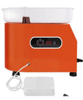 Top Notch 350W Electric Ceramic Pottery Wheel Machine With Aluminum Alloy Turntable And LCD Touch Screen For Beginners DIY Clay Crafting Projects Light Grey Color, orange side view with pedal