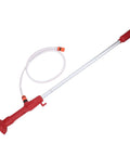 Hella Smooth Cordless Utility Water Transfer Pump Kit For Zero Sweat Pool And Pond Draining Includes Detachable Sediment Filter And Quick Connect Outlet, red handle and clear hose.