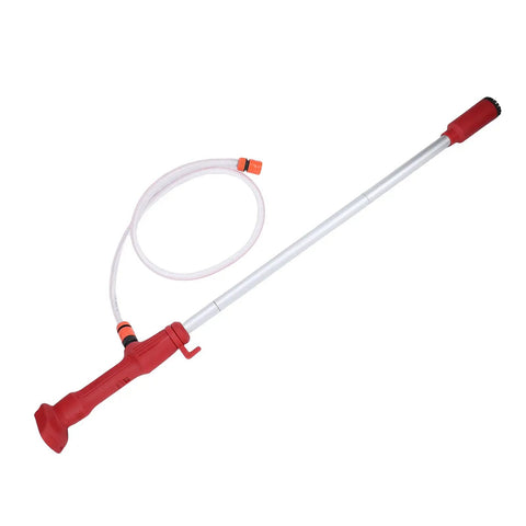 Hella Smooth Cordless Utility Water Transfer Pump Kit For Zero Sweat Pool And Pond Draining Includes Detachable Sediment Filter And Quick Connect Outlet, red handle and clear hose.