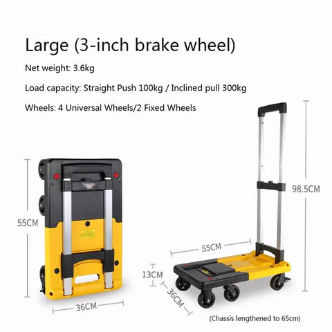 Heavy Duty Folding Trolley Cart With Slick Nylon Rollers And Sturdy Aluminum Frame Telescoping Grip displayed in folded and expanded positions.