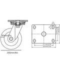 Dimensions and technical drawing of Hard As Nails Heavy Duty 8 Inch Industrial Caster Wheels with red swivel treads.
