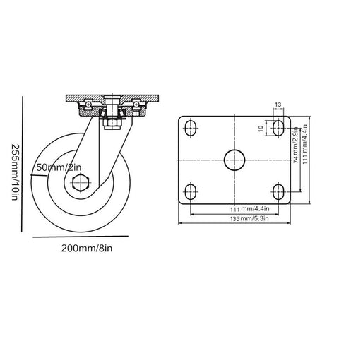 Dimensions and technical drawing of Hard As Nails Heavy Duty 8 Inch Industrial Caster Wheels with red swivel treads.