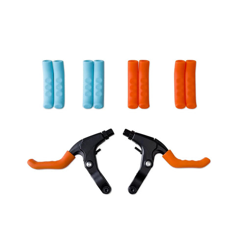 2 Pairs Silicone Brake Lever Covers For Bikes, anti slip grip sleeves in blue and orange, shown with black brake levers
