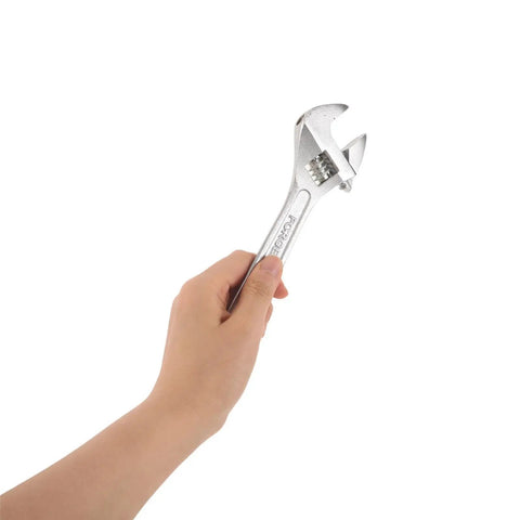 Hand holding Heavy Duty 8 Inch Adjustable Wrench With Ergonomic Comfort Grip, Extra Wide Jaw, High Carbon Steel for industrial use