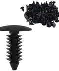 Close-up of 7mm Universal Car Fender and Bumper Shield Fastener Clips, 100 pcs, durable black nylon, anti-wear, DIY friendly, GM Chrysler Ford vehicles