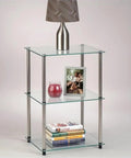 Tall Glass End Table With Three Tier Shelves, Modern Glass Side Table For Living Room featuring sleek sturdy metal frame and decor items