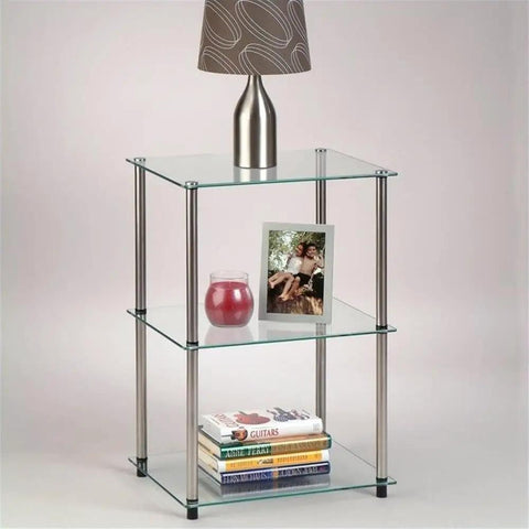 Tall Glass End Table With Three Tier Shelves, Modern Glass Side Table For Living Room featuring sleek sturdy metal frame and decor items