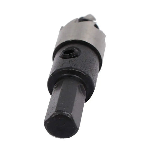 Close-up of High Speed Steel HSS Hole Saw Set 13mm Diameter 68mm Overall Length 15mm Cutting Depth tool with hex shank.