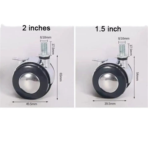 Rock Solid Four Pack Office Chair Casters Featuring Silent Rubber Wheels And Bulletproof Zinc Alloy Bases For Butter Smooth Rolling On Hardwood And Carpet Floors Guaranteed M8 Stem Thread sizes 2 inches and 1.5 inches with measurements.