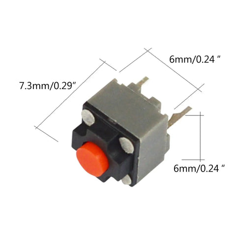 5Pcs Silent Mouse Micro Switches 6x6x7.3mm Square Buttons Lowkey Quiet Clicks For Gaming And Office 10 Million Clicks Durable Replacement Components Gray Black Red, showcasing measurements and red button detail.