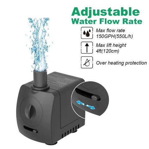 Submersible Water Pump 150 GPH Quiet Operation With Overheat Protection 4ft Lift Built To Last Workhorse with adjustable flow
