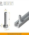 Hex bolt next to Heavy Duty 48 Inch Aluminum T Track Set For Woodworking, T Slot Rail That Accepts Standard Quarter Inch By Twenty Hex Bolts