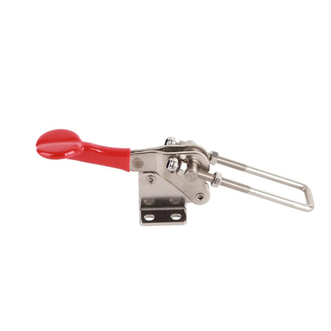 Heavy Duty Stainless Steel Quick Release Toggle Clamp With Ergonomic Plastic Handle shown from the side, ideal for securing workpieces up to 992lbs.