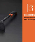 Heavy Duty Carbon Steel Hand Hoe With Ergonomic Rubber Grip For Weeding And Soil Turning Great For Planting And Yard Prep Rust Resistant Powder Coated Finish on display showcasing workmanship.