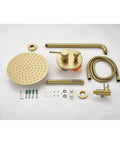 Shower System, 10" Rain Head, Handheld, Brushed Gold, Wall-Mounted parts layout including shower head, hose, and controls.