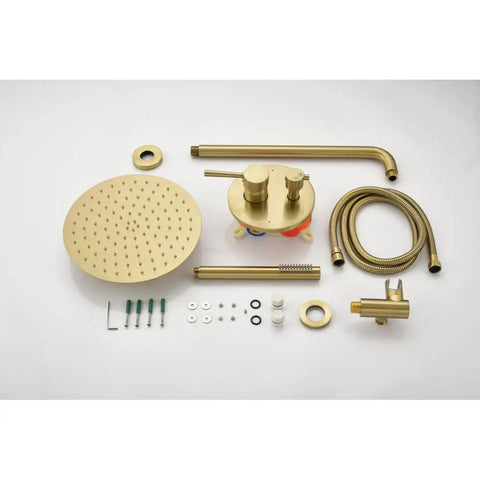 Shower System, 10" Rain Head, Handheld, Brushed Gold, Wall-Mounted parts layout including shower head, hose, and controls.