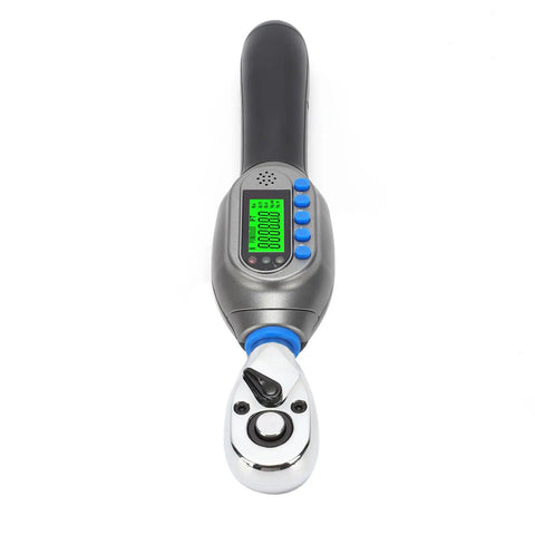 Hot Digital Torque Wrench 3/8 Inch Electric Tool, Accurate Chrome Steel With Light Blue Backlit Display, ±2% Precision For Motorcycle And Bike Repair, Tightening Bolts With Ease. Display panel and chrome drive visible.