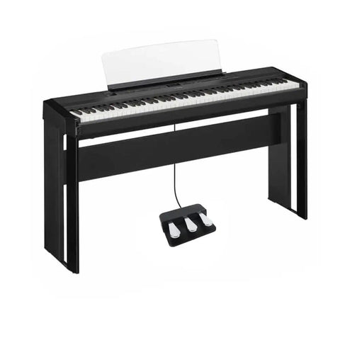 Three Pedal Unit For Digital Pianos With Sustain Soft And Sostenuto Pedals, A Real Upgrade For Your Setup, shown with piano