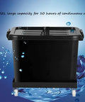 Heavy Duty Oscillating Standing Fan Delivering Three Speed Pedestal Power For Whole Room Cooling And Smooth Indoor Outdoor Air Circulation Designed To Keep Ya Chillin From Morning Till Night, black 42L water container with handles and wheels.