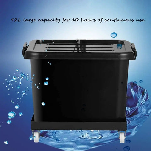 Heavy Duty Oscillating Standing Fan Delivering Three Speed Pedestal Power For Whole Room Cooling And Smooth Indoor Outdoor Air Circulation Designed To Keep Ya Chillin From Morning Till Night, black 42L water container with handles and wheels.