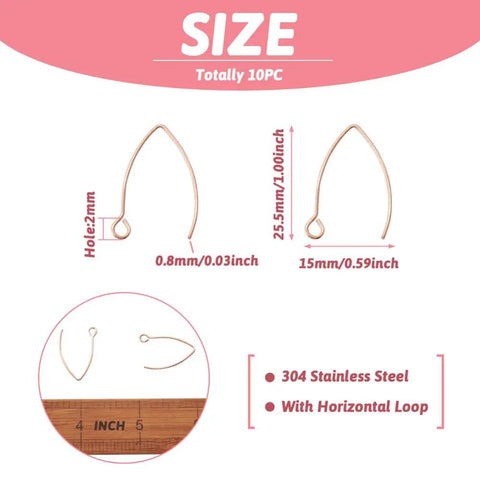 Rose Gold V Shape Stainless Steel Earring Hooks French Ear Wire 304 Stainless Steel Dangle Hooks With Loop 25.5x15x0.8mm Pin 0.8mm 10 Pcs For Women DIY Jewelry Making, size and dimensions illustration.