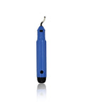 Blue deburring tool side view with anti-slip grip and curved blade