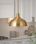 Compact 10 Inch Wide Brass Pendant Light With Metal Shade, Downward Dome Fixture For Task Lighting And Cozy Ambient Glow in kitchen