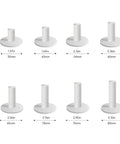 Eight white Hardcore Rubber Golf Tees For Mats And Indoor Simulators, 8 Pack Mixed Sizes, shown with measurements from 1.37in to 3.15in.