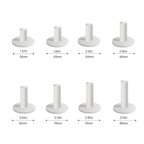Eight white Hardcore Rubber Golf Tees For Mats And Indoor Simulators, 8 Pack Mixed Sizes, shown with measurements from 1.37in to 3.15in.