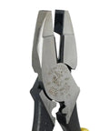 Close-up view of Journeyman Pliers With Crimp Die Behind Hinge For Superior High Leverage Crimping, Side Crimp Design For Non Insulated Connectors Lugs And Terminals, 9 Inch Made In USA, Rivet Closer To Cutting Edge Delivers 46 Percent More Cutting And Gripping Power, showing the engraved details and knurled jaws.
