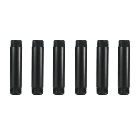 6 Pack Half Inch Steel Pipes Four Inch Long Black Metal Pipes For DIY Enthusiasts Building Sick Industrial Shelving And Home Decor Pre Cut To Fit Standard One Half Inch NPT Fittings, shown aligned side by side.