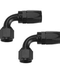 6AN 90 Degree Swivel Hose End Fittings for CPE Fuel Hose with 9/16-18 UNF Threads, Made From 6061-T6 Aluminum, Handles Up To 1500 PSI, Wide Temperature Range -65F To 252F, Compatible With Nylon Braided Lines, Two Pack for Quick Upgrades. black 90-degree swivel hose end fittings, two-piece set