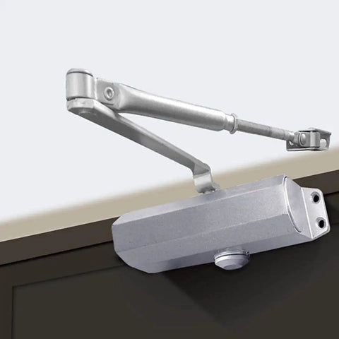 Hydraulic Door Closer With Soft Close And Adjustable Arm installed on a metal door