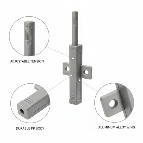 Heavy Duty Push To Open Cabinet Latch With Aluminum Alloy Rebounder showing adjustable tension and wing details