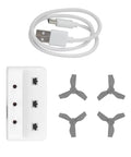 VR70 FPV Drone Spare Parts Accessory Kit with four propellers, USB charger, charging case, and receiver cable for easy repairs
