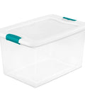 Super Tight Fit 64 Quart Clear Plastic Storage Bins 72 Pack With Snappy Hinged Lids, practical clear container with blue handles.
