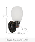 Oil Rubbed Bronze Wall Sconce With Frosted Glass Shade Dimmable Twist On Off Switch, shown dimensions, ideal for compact spaces.
