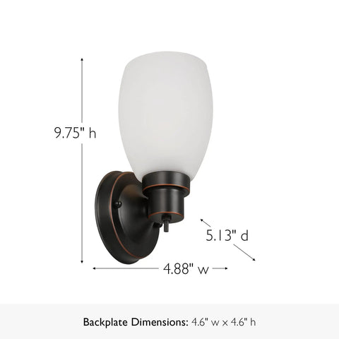Oil Rubbed Bronze Wall Sconce With Frosted Glass Shade Dimmable Twist On Off Switch, shown dimensions, ideal for compact spaces.