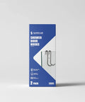 Packaging of Frameless Shower Door Hooks Two Pack for Glass Doors No Drilling Installation Easy Clip On Anti Scratch Stainless Steel Hanger in Silver.