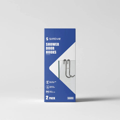 Packaging of Frameless Shower Door Hooks Two Pack for Glass Doors No Drilling Installation Easy Clip On Anti Scratch Stainless Steel Hanger in Silver.