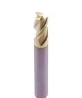 End mill, solid carbide, ZRN-coated, 5/16 in diameter, 1/4 in reduced shank, 3-flute, close-up of gold cutting edges