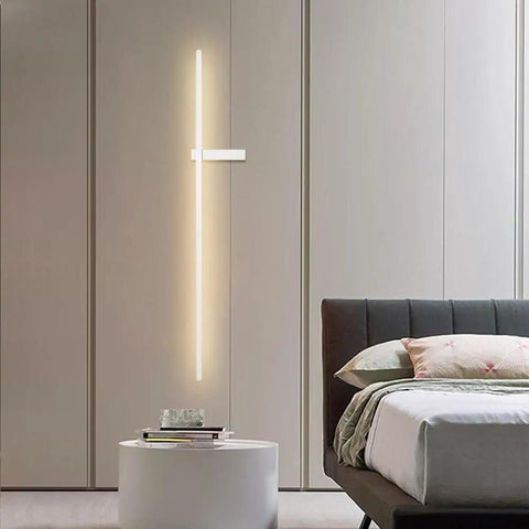POJGVU Minimalist Led Wall Light Fixture Linear Wall Sconce Lighting Indoor Wall Wash Lamp Geometric Hardwired Sconces Living Room Background Wall Lights Bedroom Wall Lamps,White-62.5cm in a modern bedroom setting.