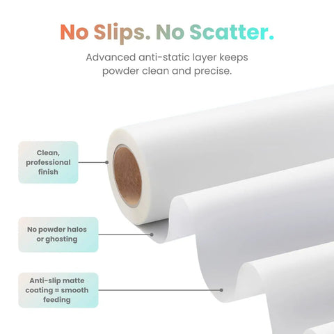 Dark Fabric DTF Transfer Film Roll PET Cold Peel Matte Sheet For Direct To Film Printing Pro Grade Durable Printer Media With Clear Coating Support 30cm By 100m Works With White DTF Ink For Bold Colors showing clean anti-static layer and smooth feeding