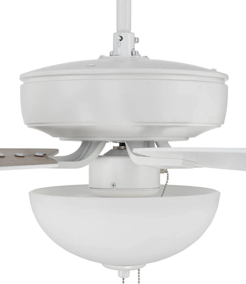 Close-up of Pro Plus 52 Inch Ceiling Fan With LED Light Kit And Pull Chain, featuring reversible motor and white housing.
