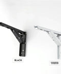 Two Pack Folding Triangle Shelf Brackets Wall Mounted for Tools and Benches 12 Inch White Heavy Duty Spring Support in black and white