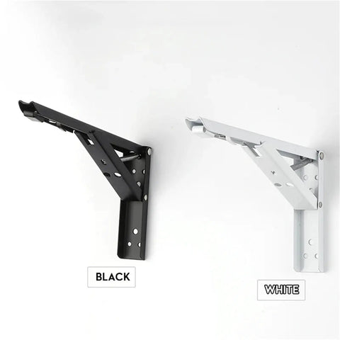 Two Pack Folding Triangle Shelf Brackets Wall Mounted for Tools and Benches 12 Inch White Heavy Duty Spring Support in black and white