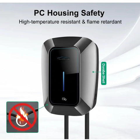 Smart Electric Vehicle Wall Charger With Fast 7KW Hardwired Setup And Type 2 Connector for home or business use, showcasing durable and flame-retardant housing.