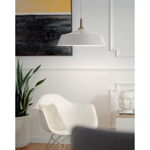 Danika 9.25 Inch One Light Pendant in white finish with wood accents hanging in a modern room, rustic lodge style, cozy glow